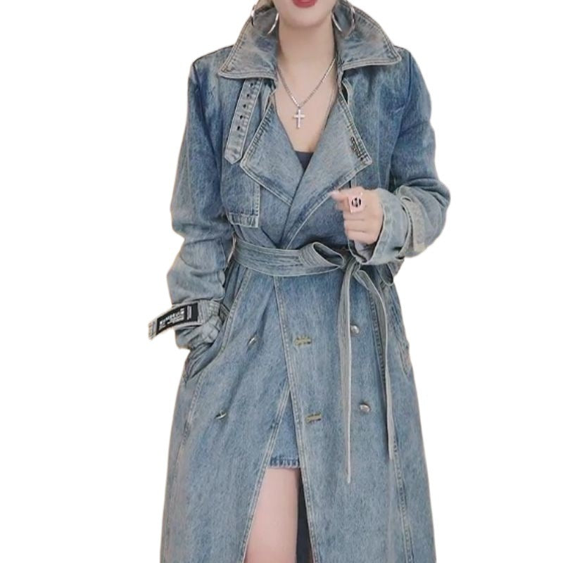 Personality Retro Long Denim Trench Coat