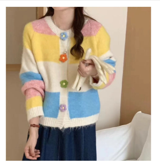 Rainbow Striped Floral Buckle Knitted Cardigan Coat For Women