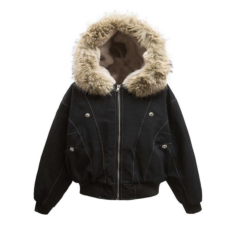 High Street Line Splicing Fur Collar Hood Cotton Coat Jacket