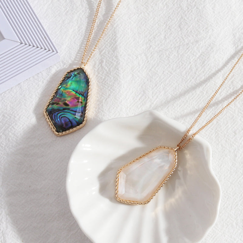 Abalone shell long faceted resin necklace