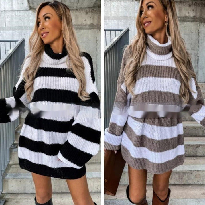 Autumn Crew Neck Fashion Striped Color Matching Women's Dress