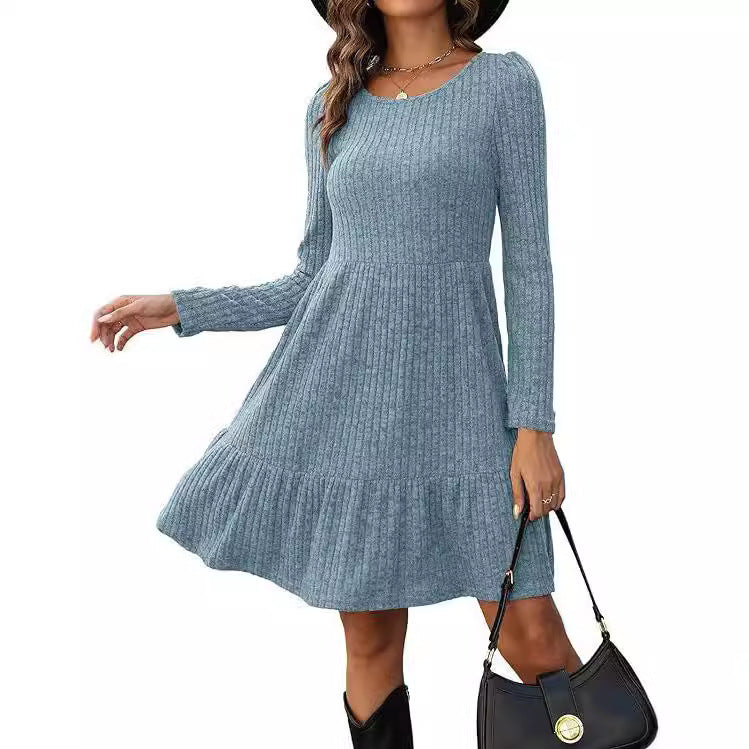 Solid Color Round Neck Knitted Dress Sweater