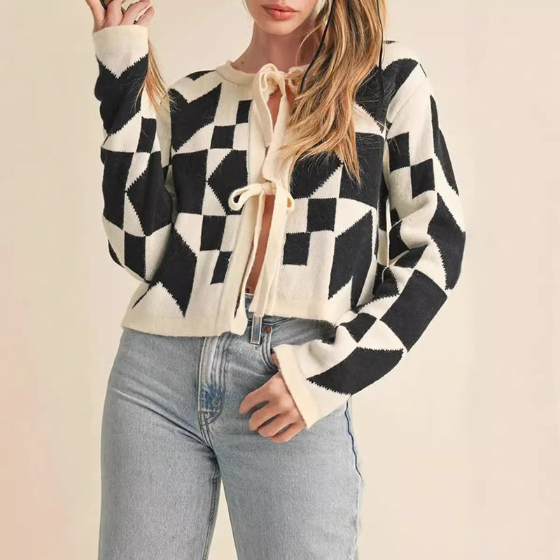 Geometric Lace-up Cardigan Sweater Long Sleeve