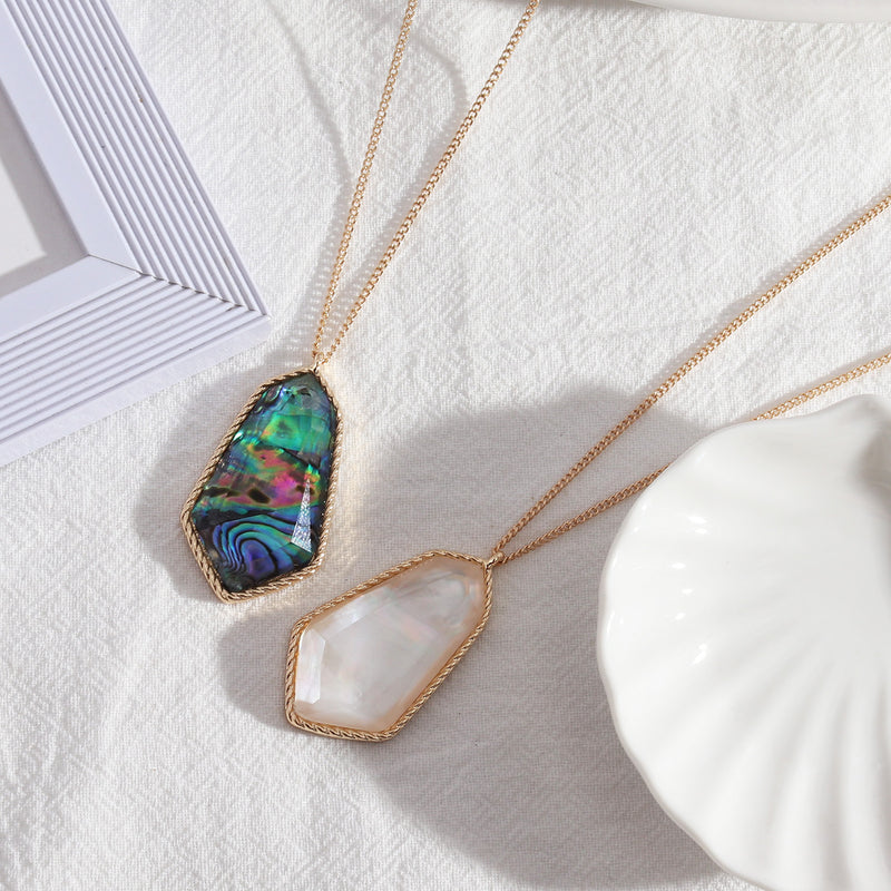 Abalone shell long faceted resin necklace