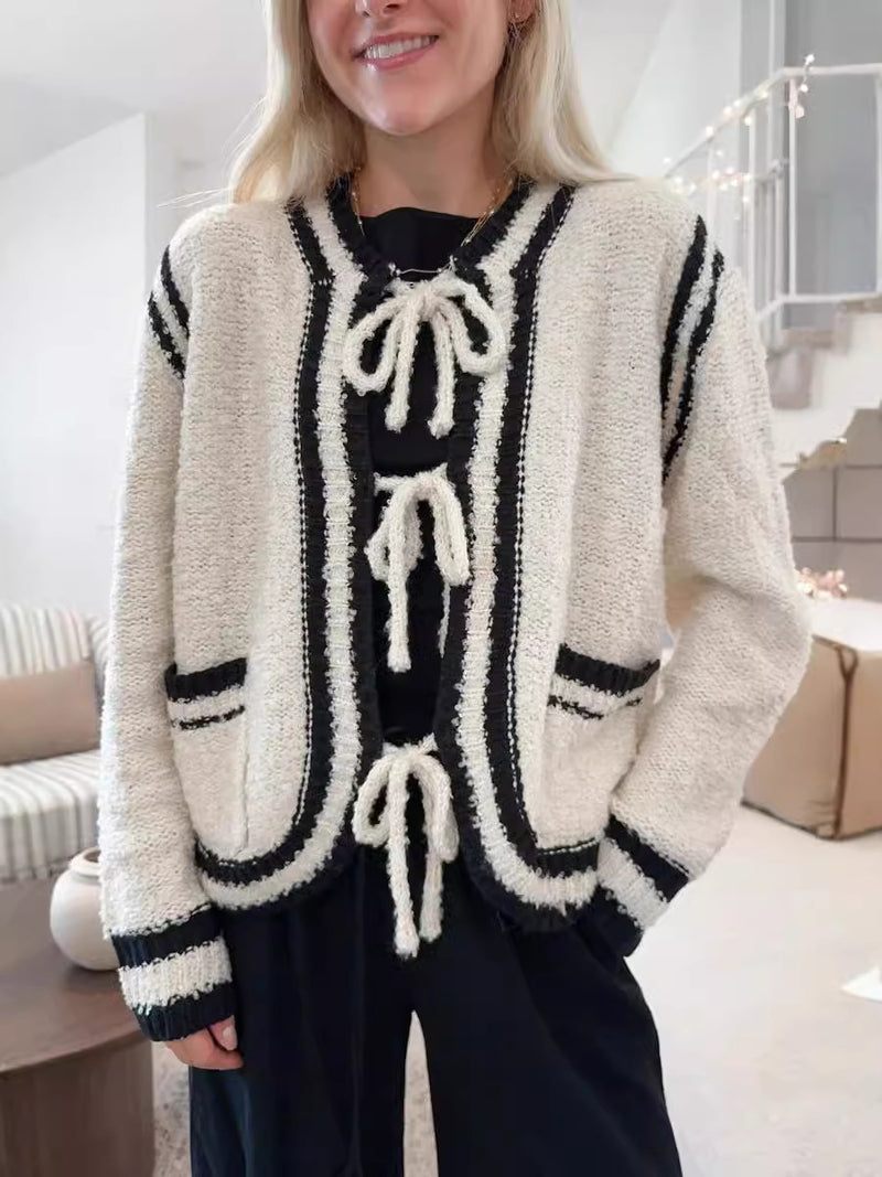 Knitted Lace-up Pocket Sweater Coat Women's Clothing