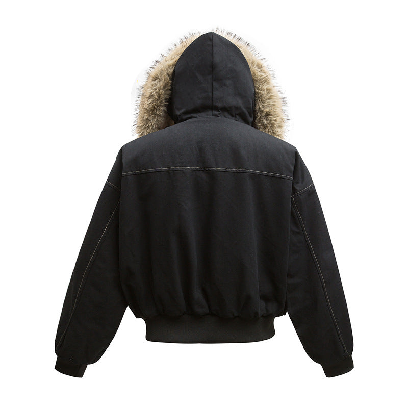 High Street Line Splicing Fur Collar Hood Cotton Coat Jacket