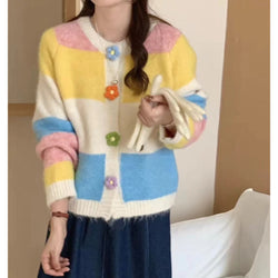 Rainbow Striped Floral Buckle Knitted Cardigan Coat For Women