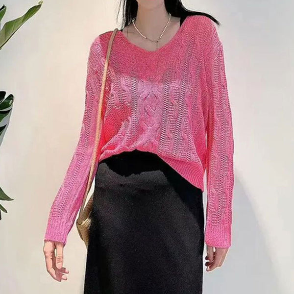 Crocheted Hollow Out V-neck Jacquard Micro-transparent Long-sleeved Sweater