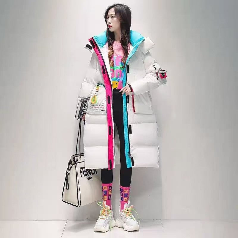 Loose Western Style Glossy Overknee Long Contrast Color Bread Coat