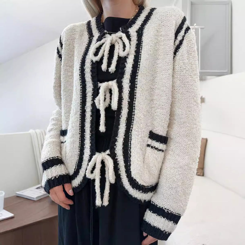 Knitted Lace-up Pocket Sweater Coat Women's Clothing