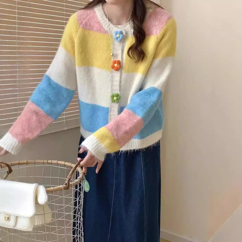 Rainbow Striped Floral Buckle Knitted Cardigan Coat For Women