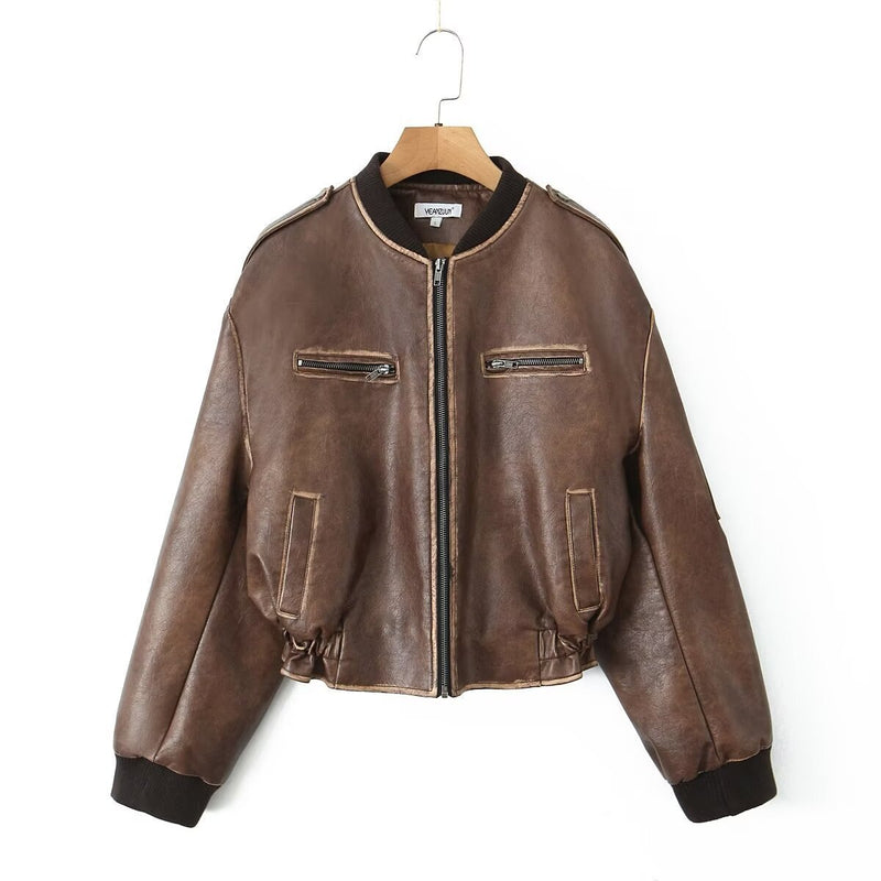 Retro Distressed Loose Leather Coat American Short Jacket