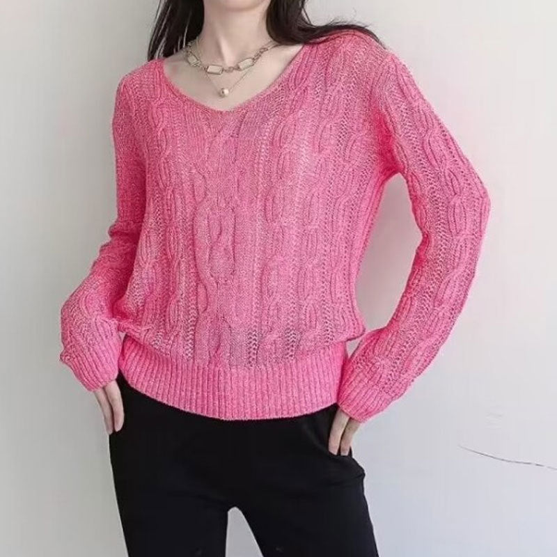 Crocheted Hollow Out V-neck Jacquard Micro-transparent Long-sleeved Sweater