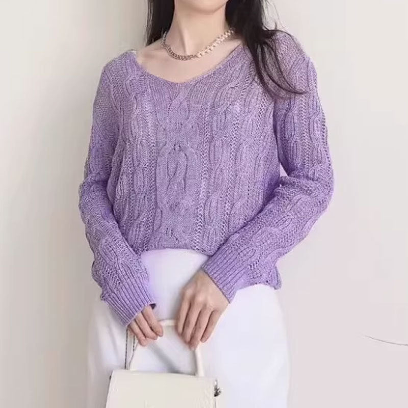 Crocheted Hollow Out V-neck Jacquard Micro-transparent Long-sleeved Sweater