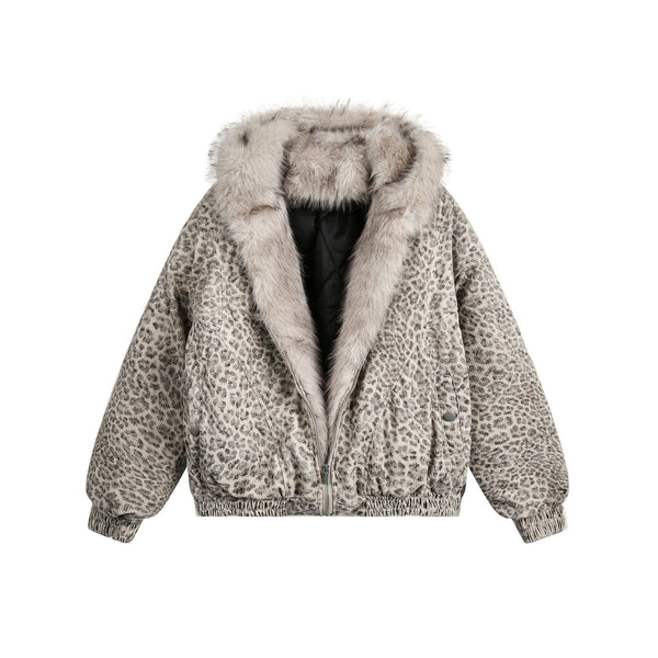 American Street Fashion Mountain Carving Leopard Print Hooded Cotton Coat Jacket