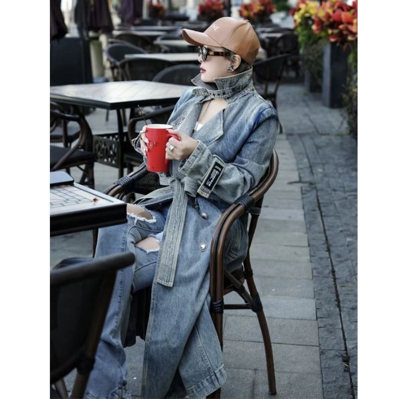 Personality Retro Long Denim Trench Coat